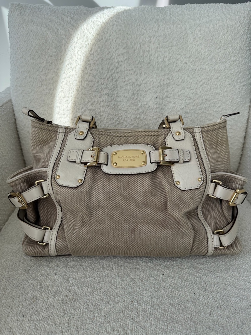 Michael Kors Gansevoort Beige Canvas Tote with Leather Trim shoulder bag/satchel